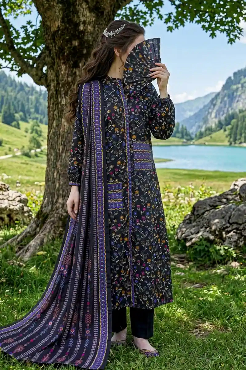 Almeerah - Nelofir Bloom 3PC Unstitched Printed Lawn Suit (Midnight Flora)