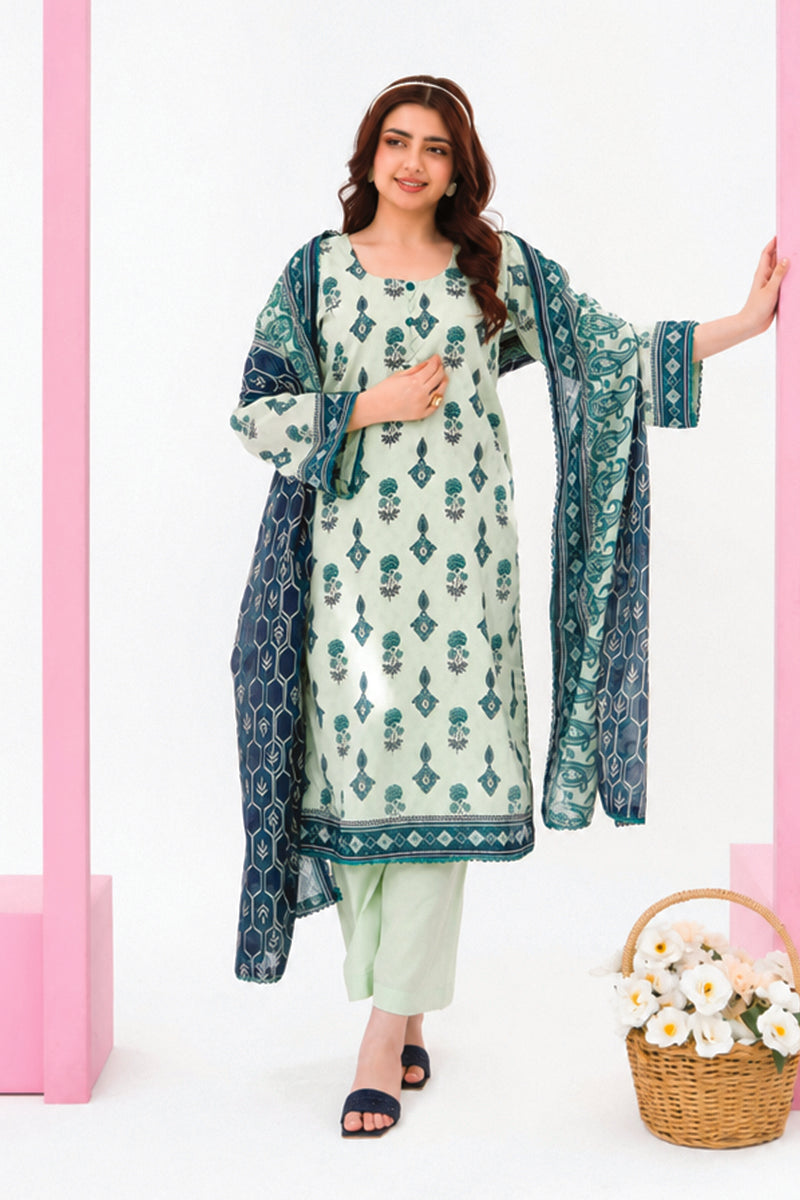 Zesh - Drop Fourteen Printed Series 3PC Unstitched Lawn Suit (Mint Green & Ocean Blue)