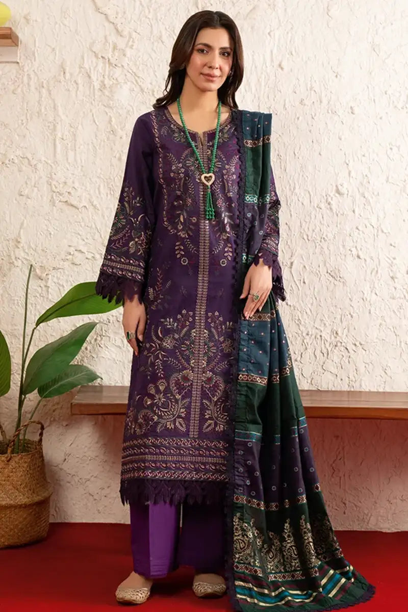 Poshak By Johra - 3 Piece Unstitched Embroidered Lawn Suit (Deep Purple)