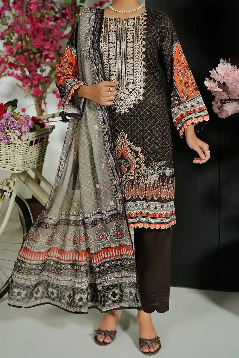 Mehrun by KBC Fashion Unstitched 3-Piece Lawn Collection (Charcoal Brown)