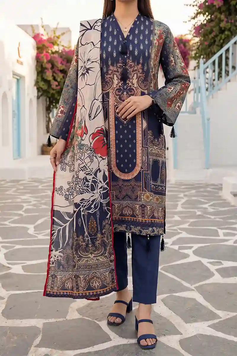 Aabruh Vol-1 3PC Unstitched Printed Lawn Suit (Dark Slate Blue)