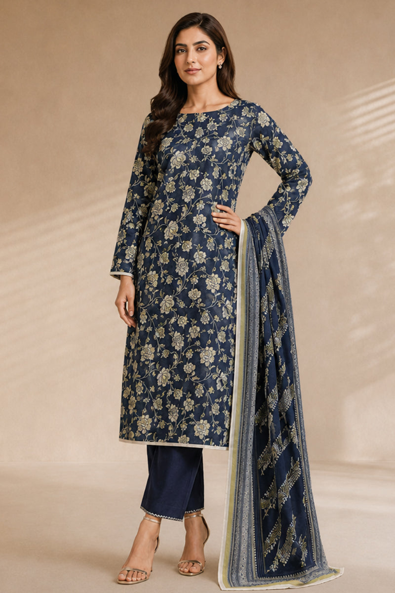 Khaadi (Vol.4) – 3 Piece Unstitched Printed Lawn Suit (Deep Navy & Champagne Floral)