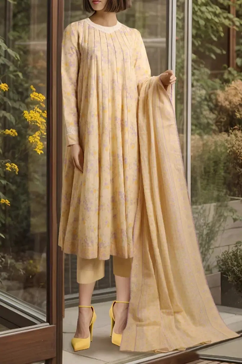 Saya Special Unstitched Khaddar 3-Piece Same Print Suit (Light Beige)