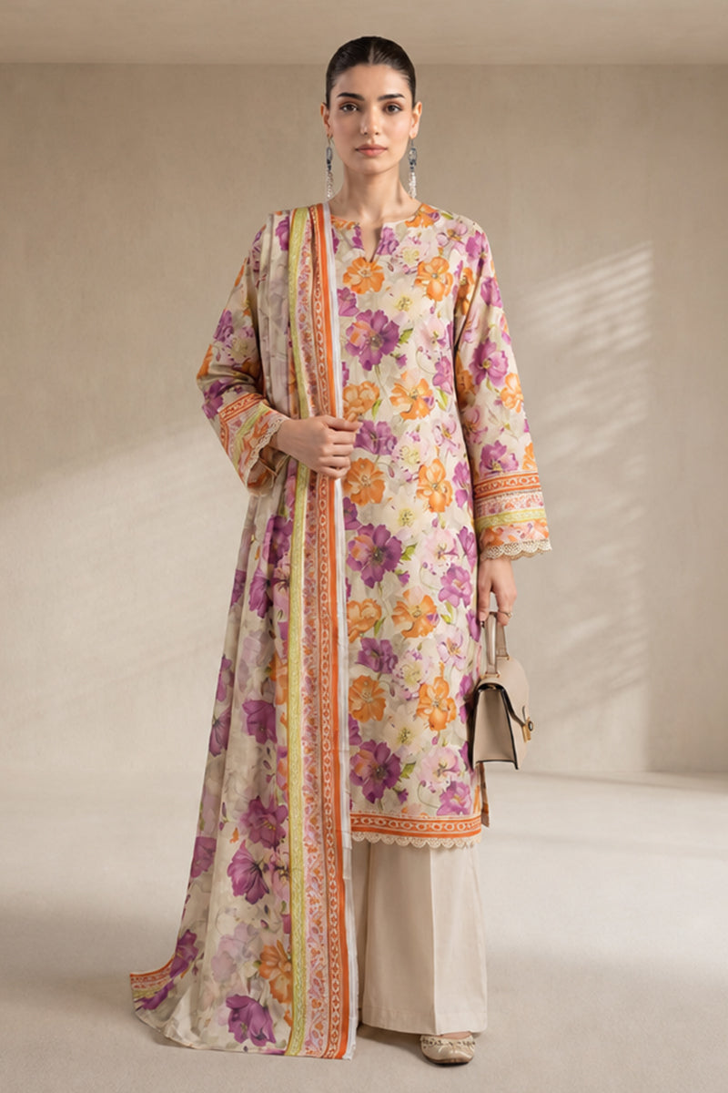 Khaadi (Vol.4) – 3 Piece Unstitched Printed Lawn Suit (Cream & Purple/Orange Floral)