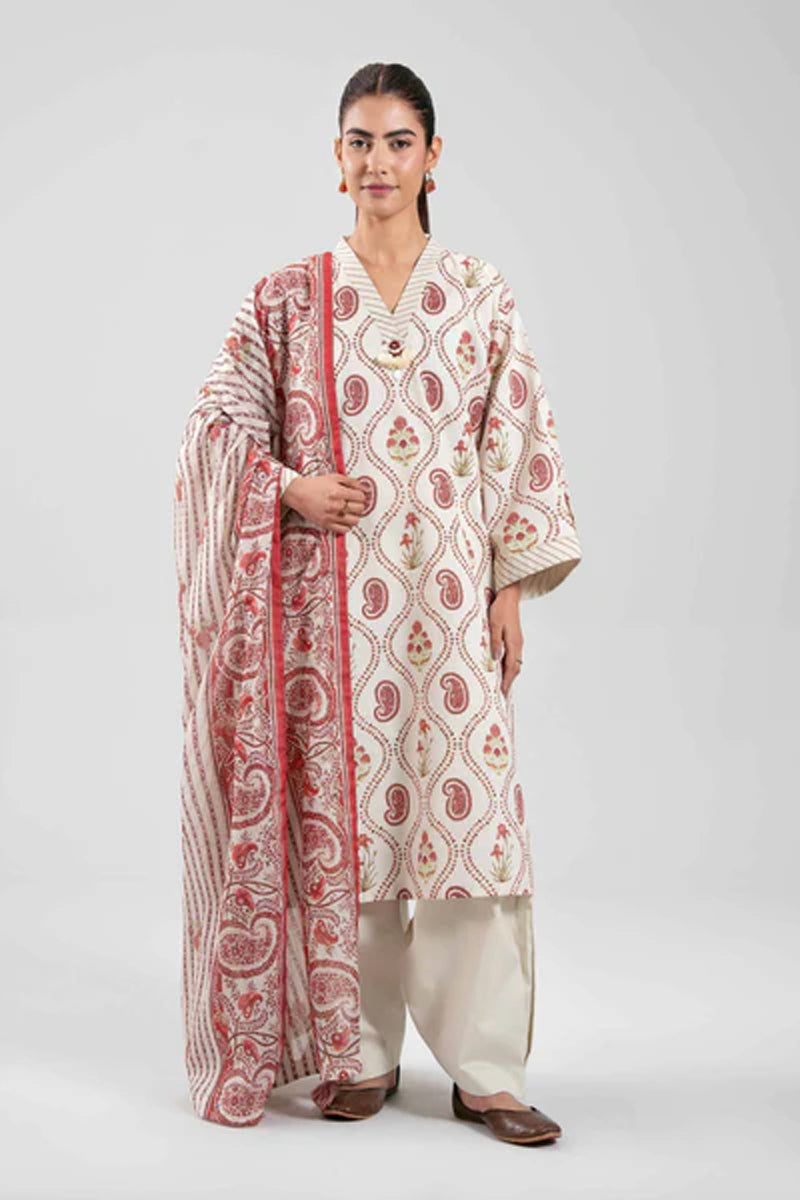Elahéh By Maria B - 3PC Unstitched Digital Printed Lawn Suit (Cream & Rich Red)