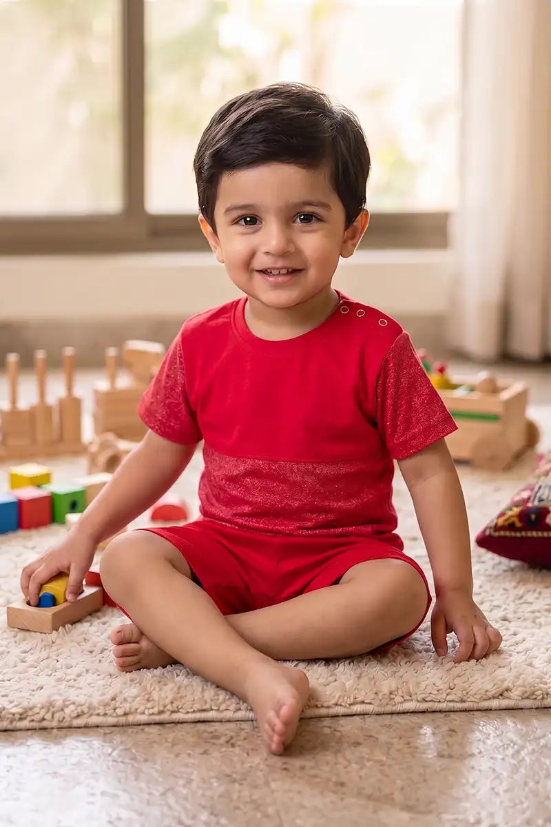 Boys Premium Cotton T-Shirt & Shorts Set (Crimson Red)