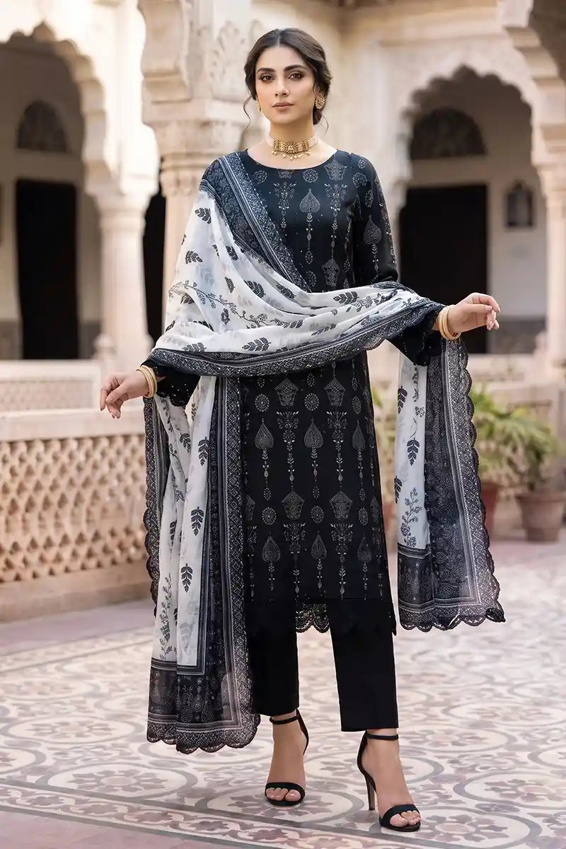 Zesh - 3PC Unstitched Embroidered Lawn Suit (Jet Black & Soft White)