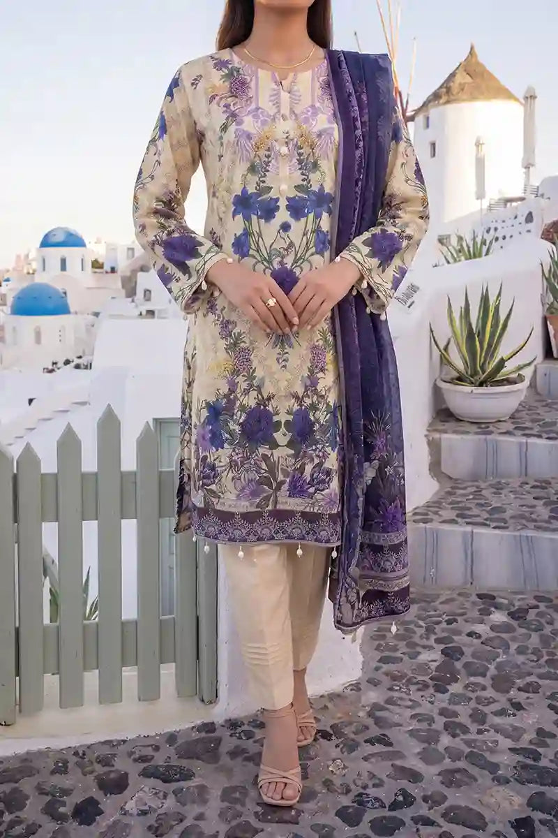 Aabruh Vol-1 3PC Unstitched Printed Lawn Suit (Creamy Vanilla & Deep Indigo Purple)