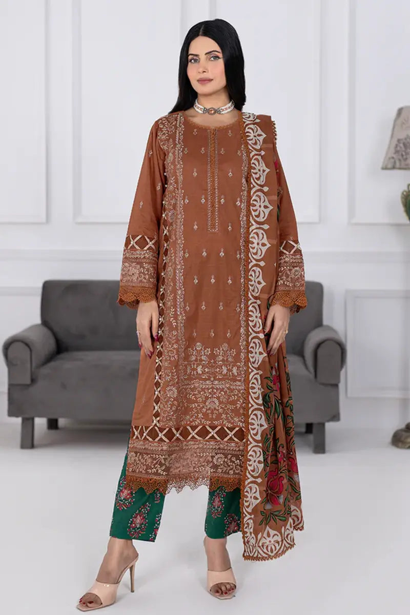 Muswa By Johra - 3PC Unstitched Embroidered Lawn Suit (Terracotta)