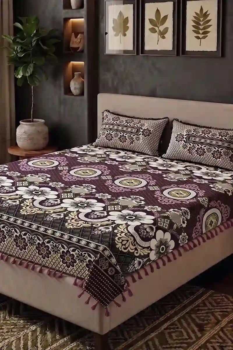 KBCFashion - Premium Multani Double Bed Sheet Set with Zari Work (Deep Plum)