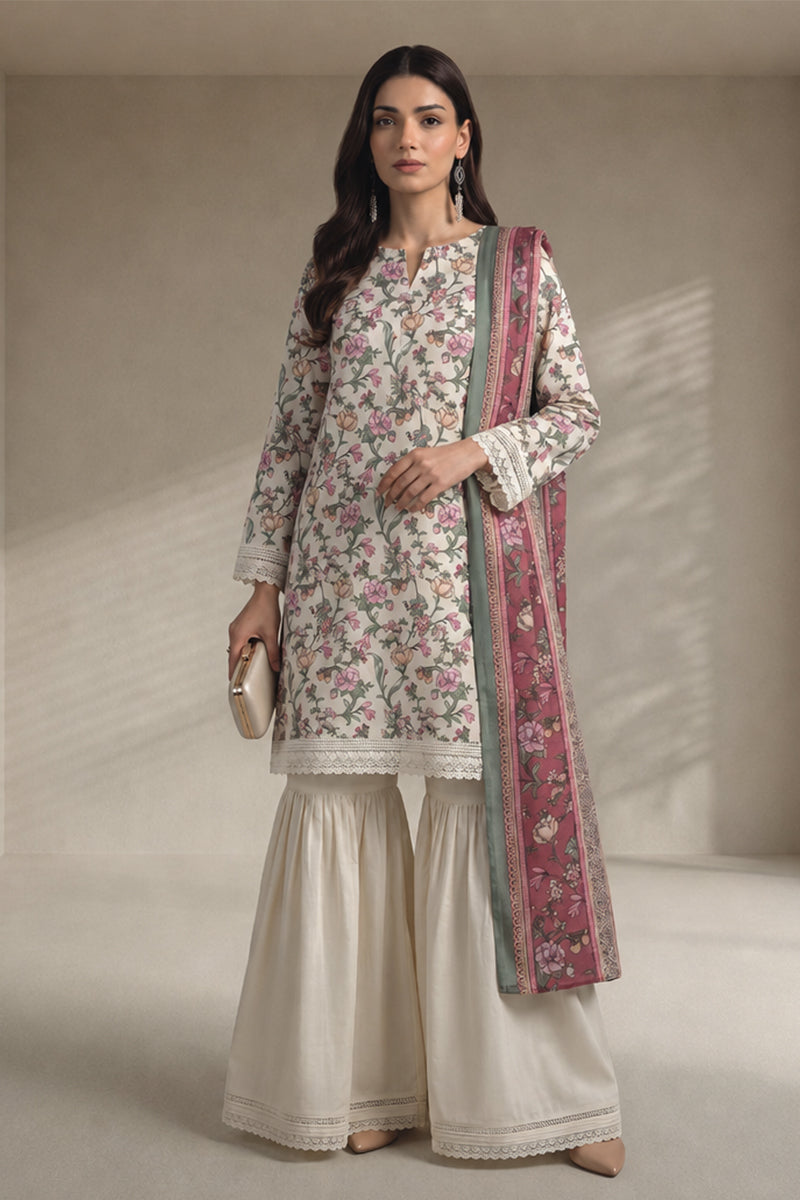 Khaadi – 3 Piece Unstiched Premium Printed Lawn Suit (Cream & Muted Berry)