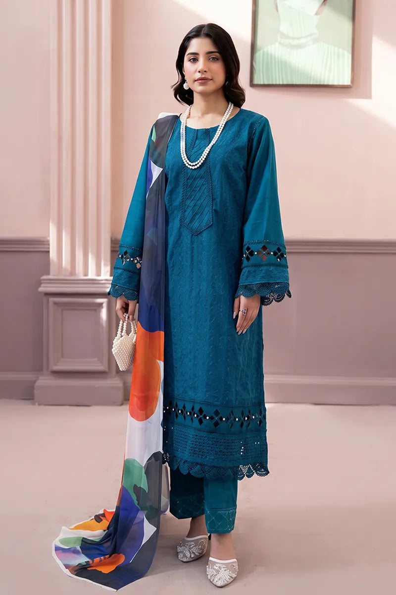Gul-e-Seher By Johra - 3PC Unstitched Chikankari Lawn Suit (Deep Teal Blue)