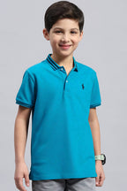 Boy's Textured Cotton Polo T-Shirt (Cerulean Blue)
