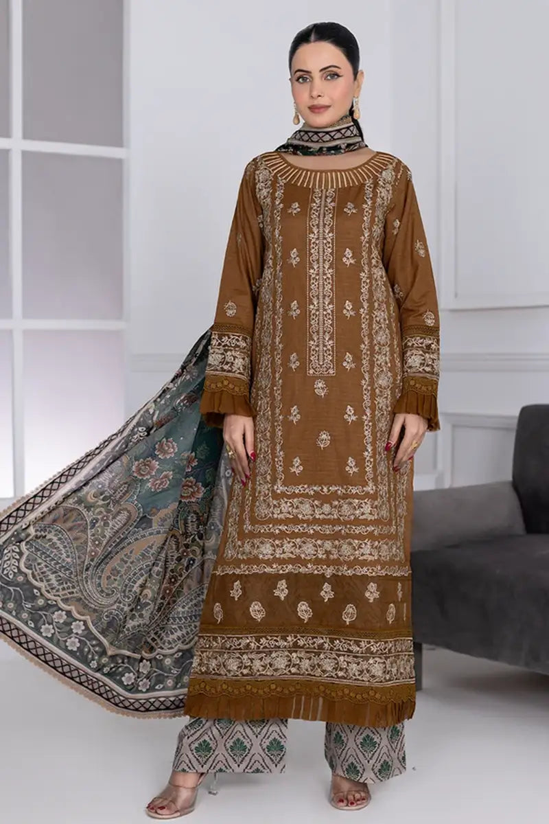 Muswa By Johra - 3PC Unstitched Embroidered Lawn Suit (Brown)