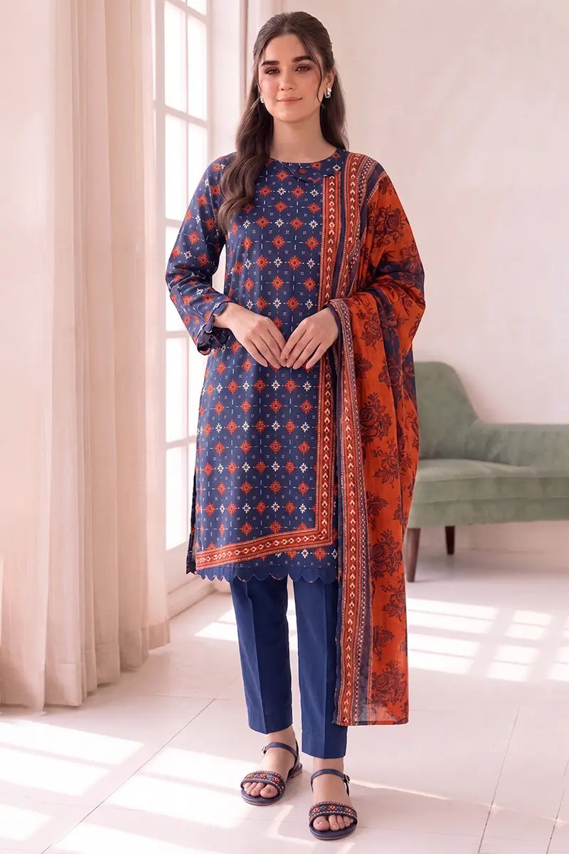 Women's Stitched 3-Piece Lawn Suit by KBC Fashion (Steel Blue)