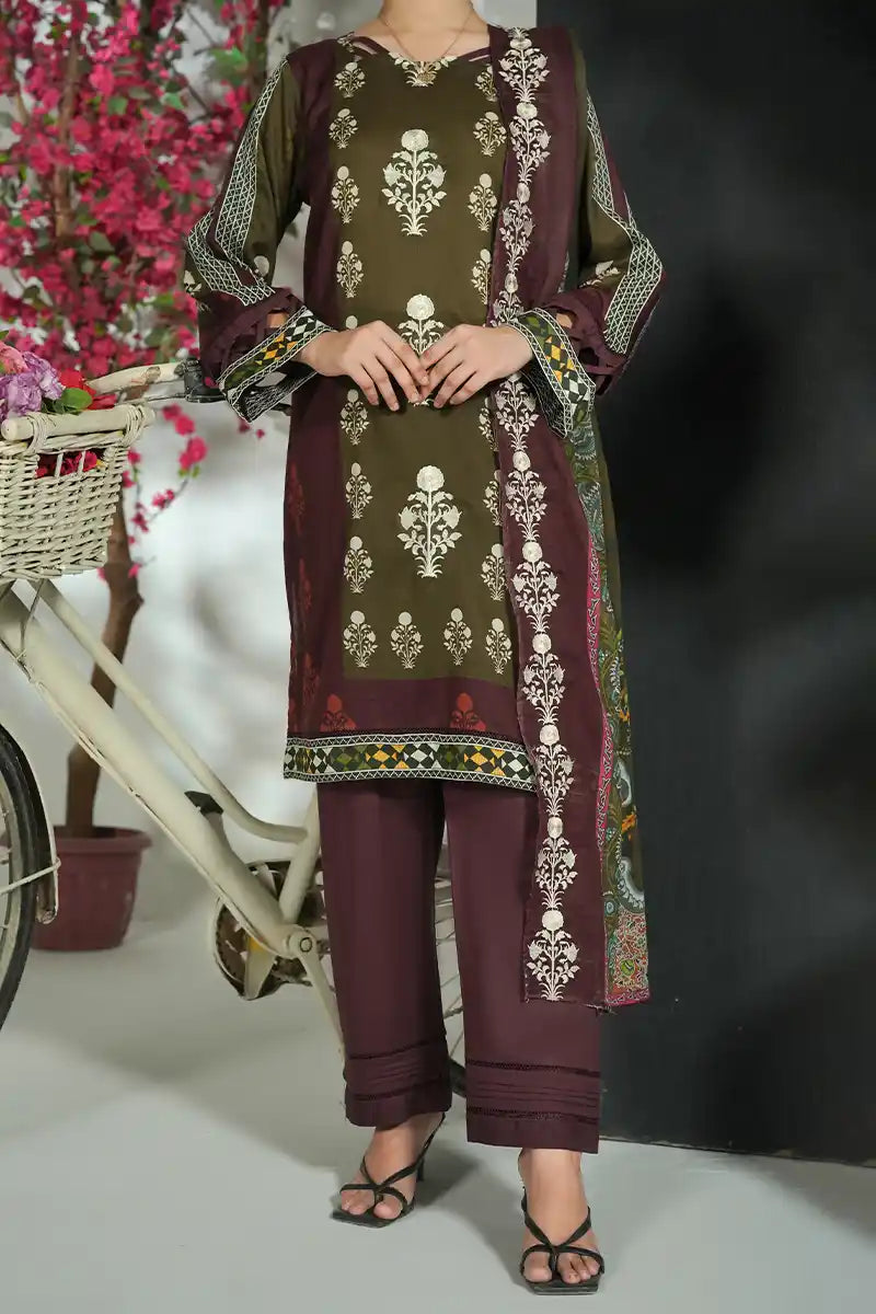Mehrun by KBC Fashion Unstitched 3-Piece Lawn Collection (Deep Plum & Olive)