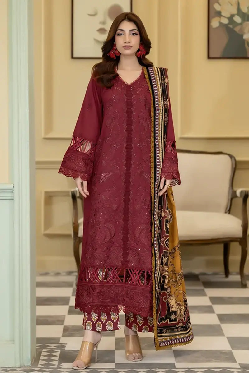 Elvia By Johra - 3PC Unstitched Embroidered Lawn Suit (Deep Maroon)