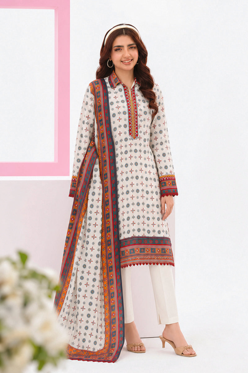 Zesh - Drop Fourteen Printed Series 3PC Unstitched Lawn Suit (Off-White)