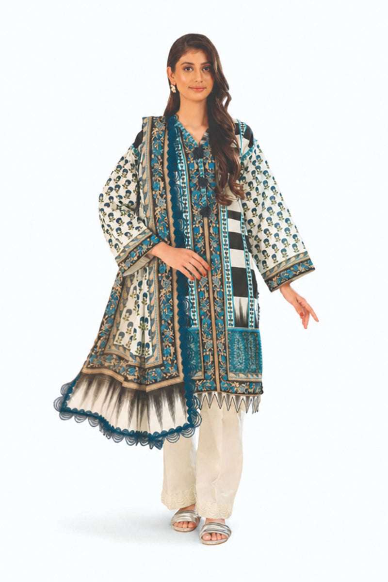 Khaadi – 3 Piece Unstiched Printed Lawn Suit (Bright Teal & Off White)