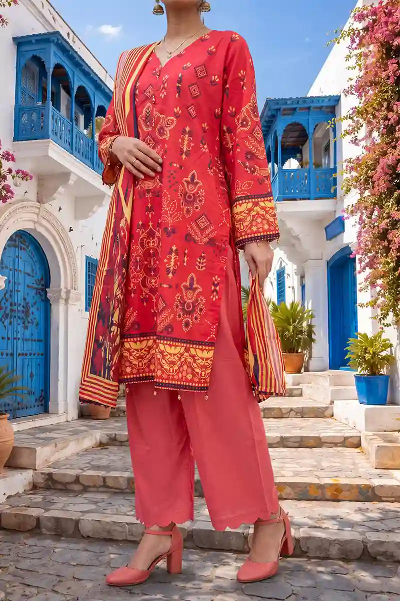 Aabruh Vol-1 3PC Unstitched Printed Lawn Suit (Strawberry & Warm Coral)