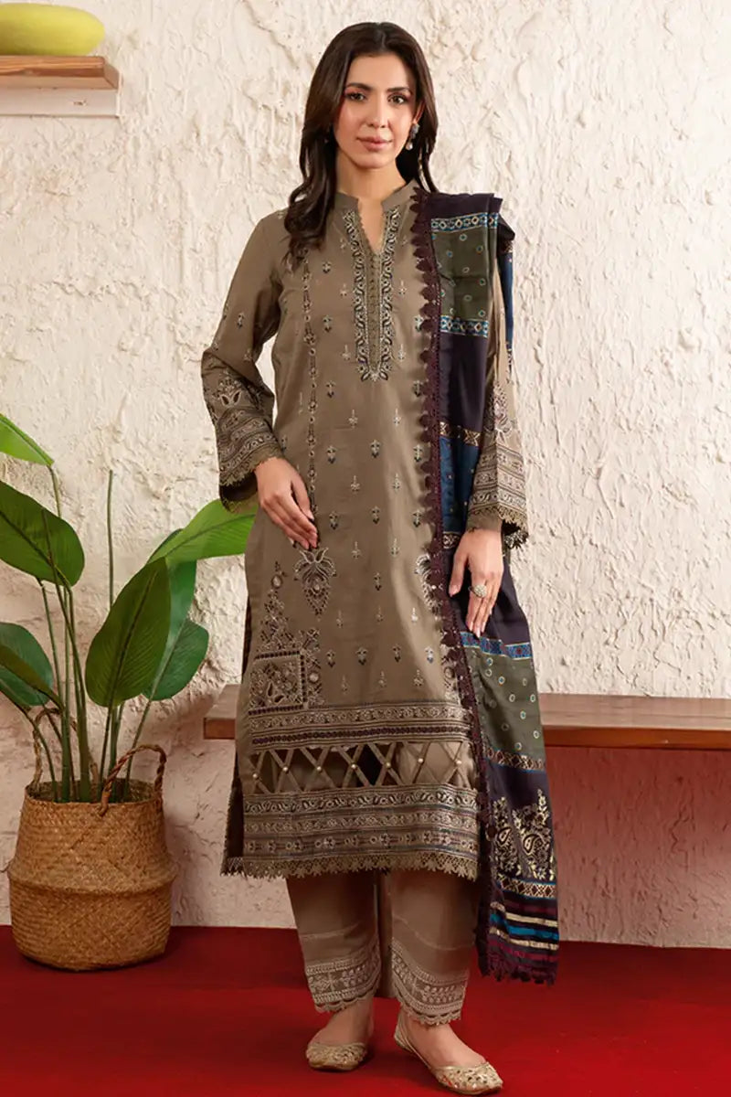 Poshak By Johra - 3 Piece Unstitched Embroidered Lawn Suit (Brown)