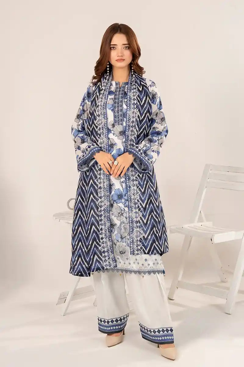Zesh - 3PC Unstitched Embroidered Lawn Suit (Navy Blue & White)