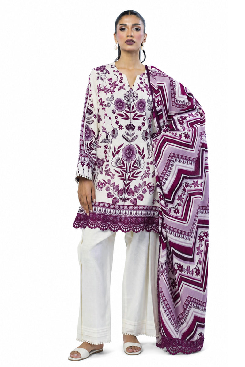 Khaadi – 3 Piece Unstiched Printed Lawn Suit (Magenta Purple & Off White)