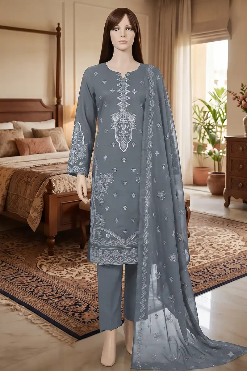 Arooj by Breeza Fashion - 3PC Unstitched Embroidered Lawn Suit (Slate Grey)