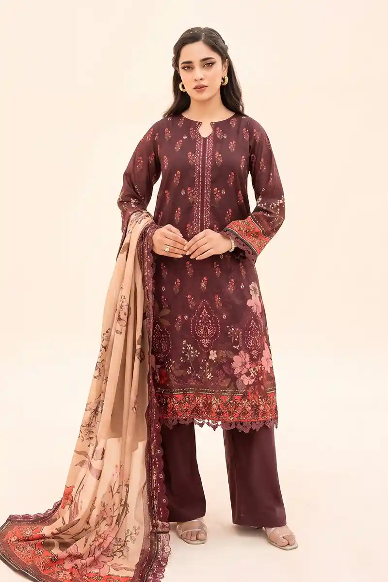 Zesh - 3PC Unstitched Embroidered Lawn Suit (Deep Maroon & Beige)