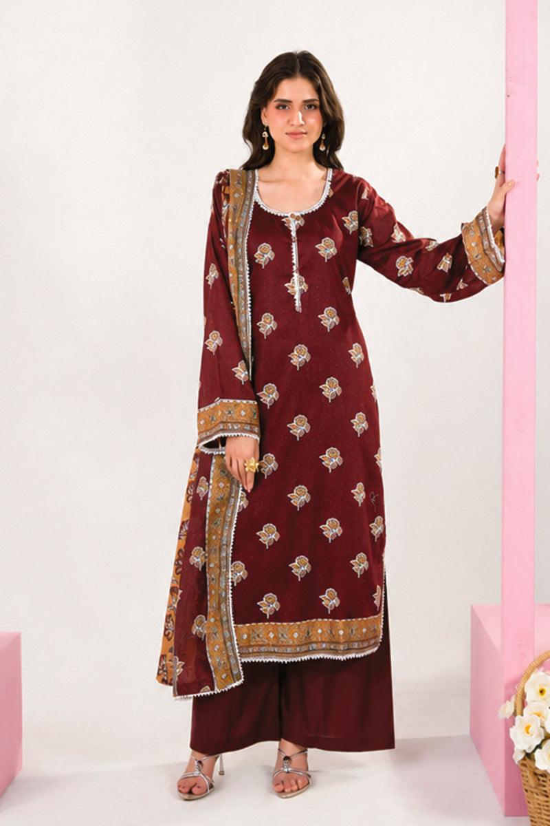 Zesh - Drop Fourteen Printed Series 3PC Unstitched Lawn Suit (Deep Maroon)