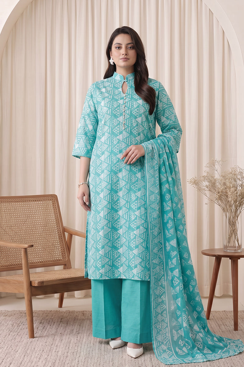 Gul Rang By Bareezé – 3-Piece Unstiched Printed Classic Lawn (Cyan)