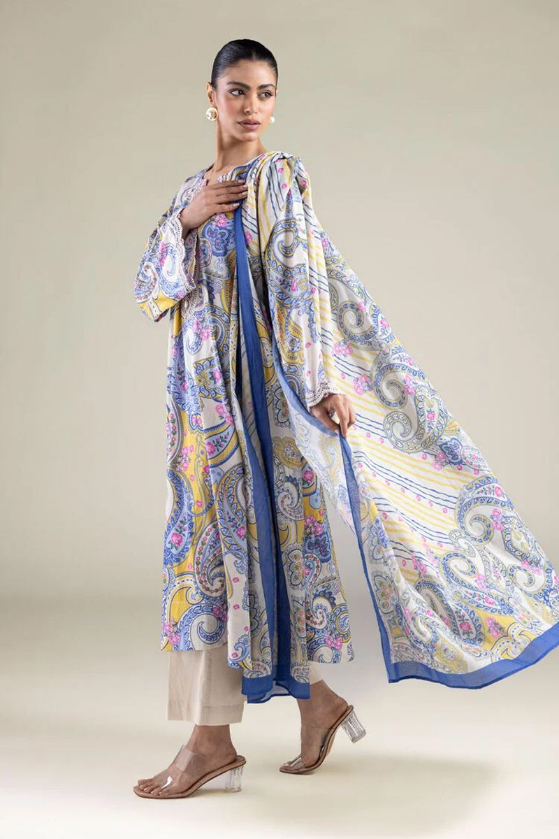 Khaadi – 3 Piece Unstitched Premium Embroidered Digital Printed Lawn Suit (Periwinkle & Royal Blue,Mustard & Cream White))