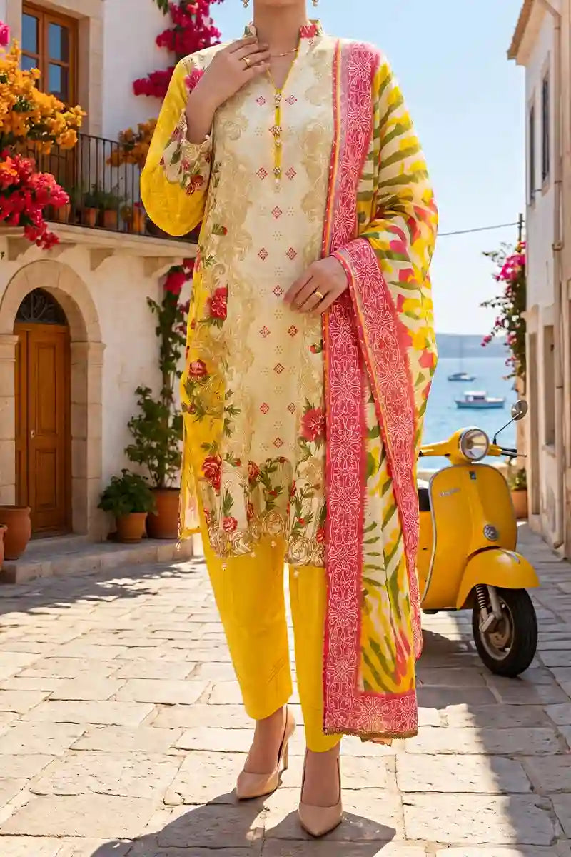 Aabruh Vol-1 3PC Unstitched Printed Lawn Suit (Bright Yellow)