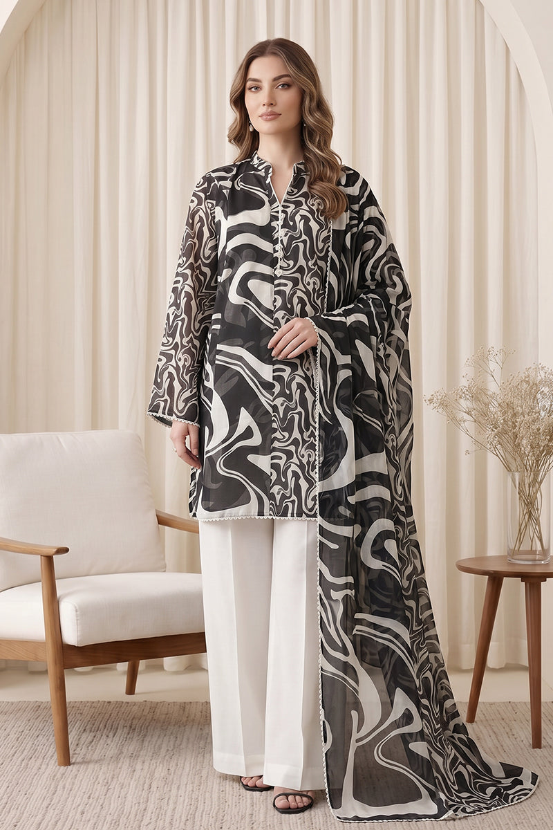 Gul Rang By Bareezé – 3-Piece Unstiched Printed Classic Lawn (Black & White)