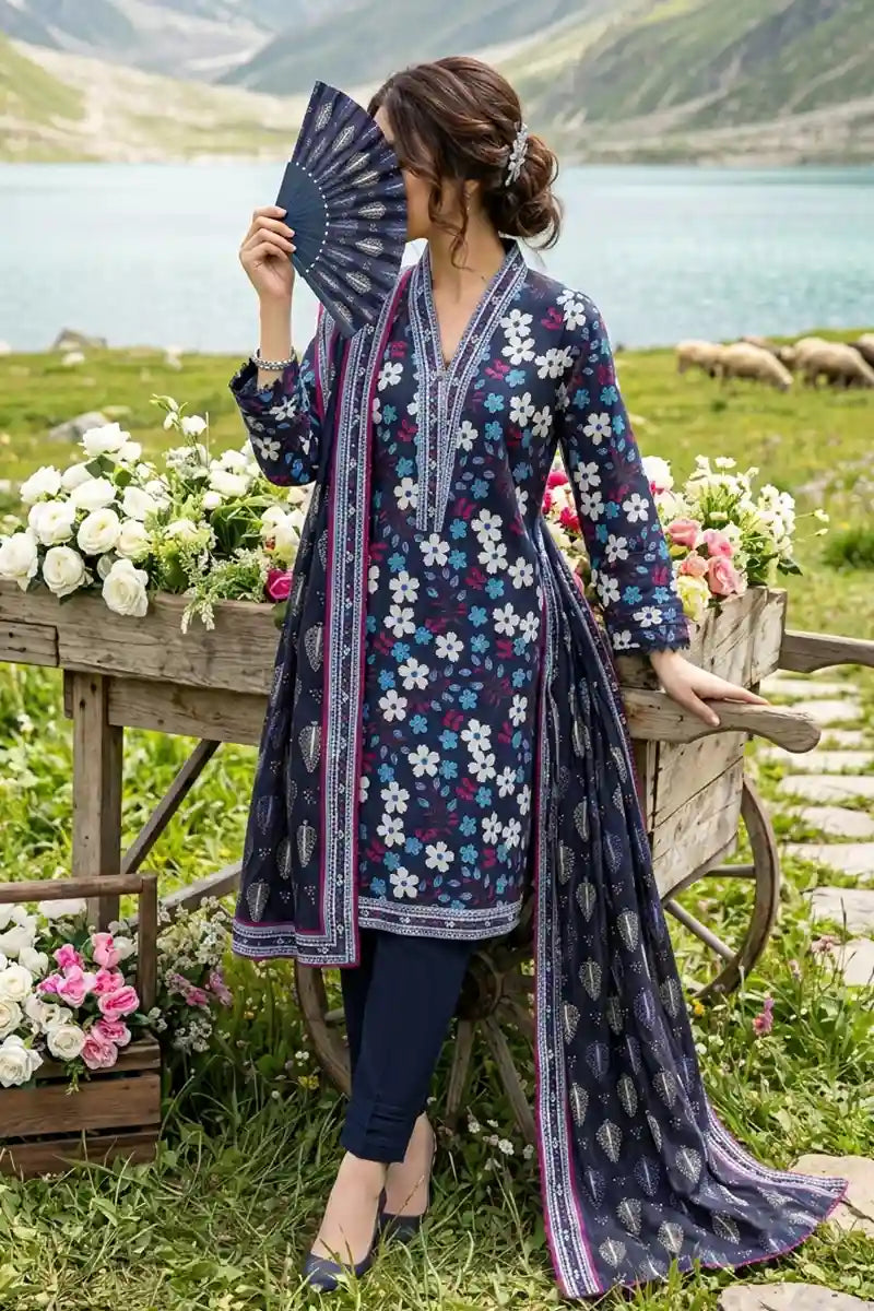 Almeerah - Nelofir Bloom 3PC Unstitched Printed Lawn Suit (Sapphire Tide)