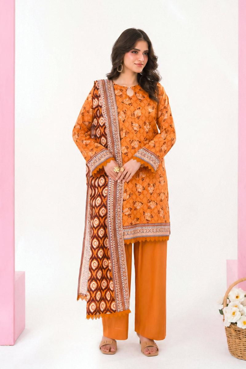 Zesh - Drop Fourteen Printed Series 3PC Unstitched Lawn Suit (Orange)