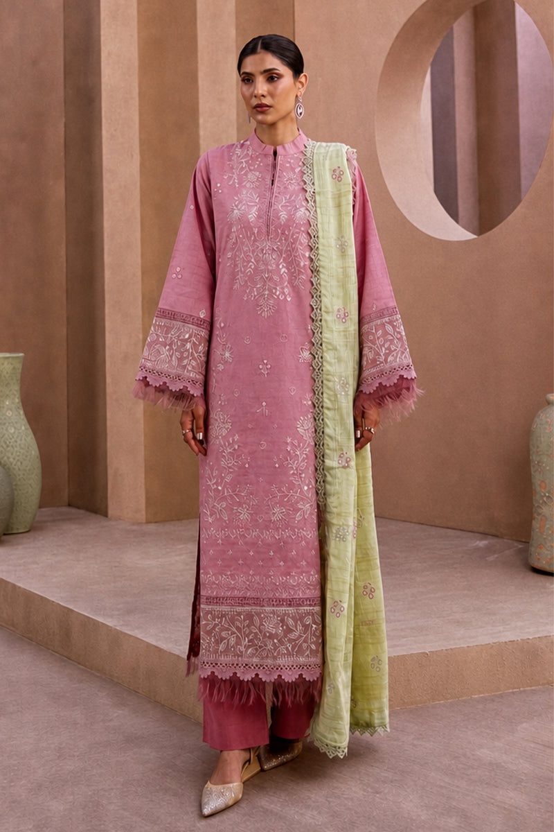 Mahrin By Johra - Premium 3PC Unstitched Embroidered Lawn Suit (Mauve Pink & Pistachio)