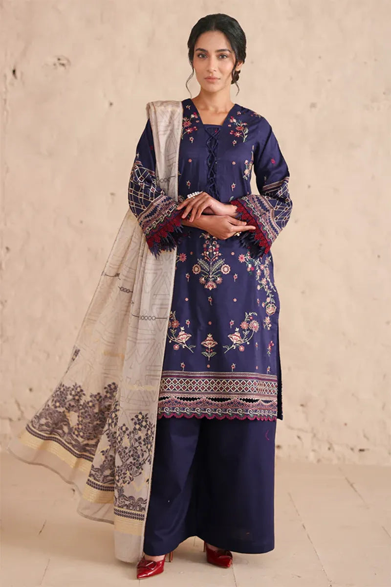 Vasal By Johra - 3PC Unstitched Embroidered Lawn Suit (Navy Blue)
