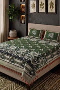 KBCFashion - Premium Multani Double Bed Sheet Set with Zari Work (Deep Forest Green)