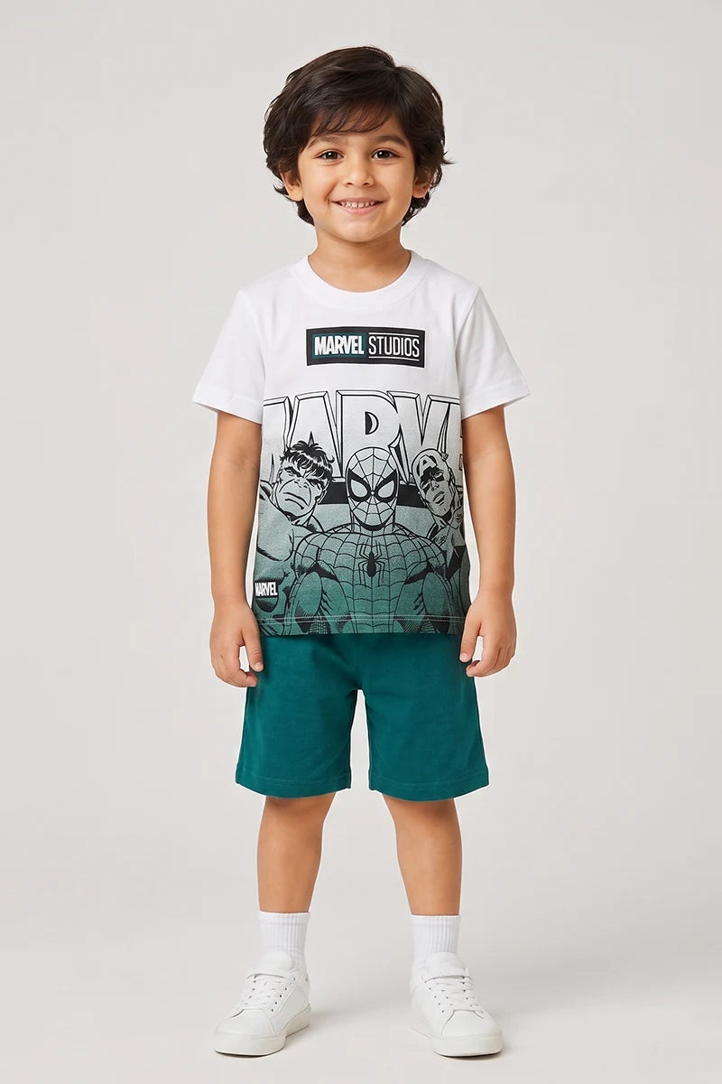 Boys T-Shirt & Shorts Set (Pure White & Dark Teal Green)