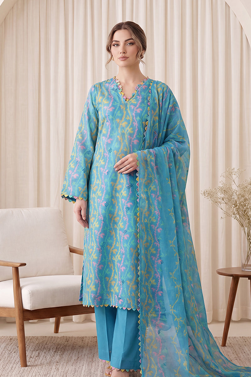 Gul Rang By Bareezé – 3-Piece Unstiched Printed Classic Lawn (Aqua Blue)