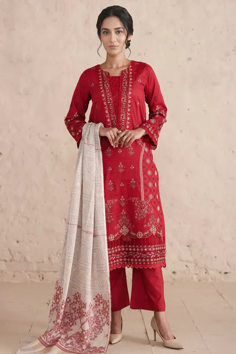 Vasal By Johra - 3PC Unstitched Embroidered Lawn Suit (Red)