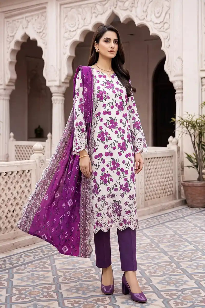 Zesh - 3PC Unstitched Embroidered Lawn Suit (Off-White & Magenta Violent Floral)
