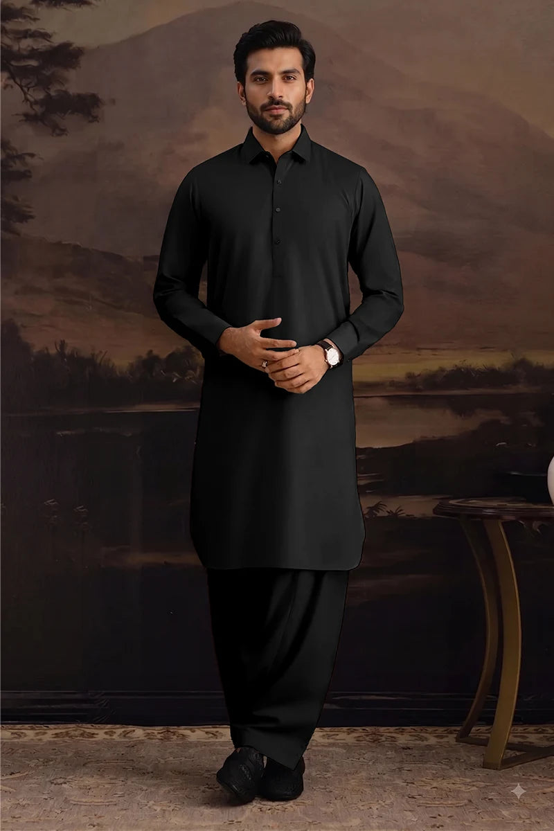 Premium Men's Unstitched Cotton Fabric Suit (Jet Black)