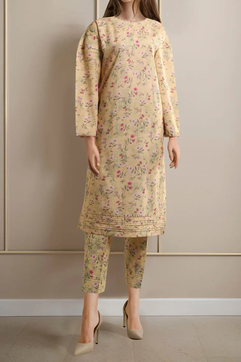 Saya Special Unstitched Khaddar 2-Piece Same Print Suit (Light Cream)