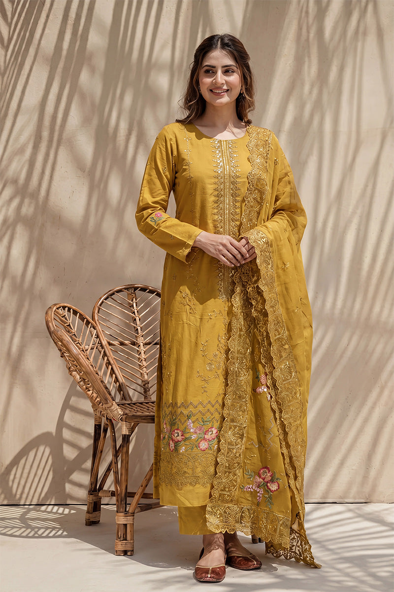 Millat - 3PC Unstitched Embroidered Lawn Suit (Mustard Yellow)