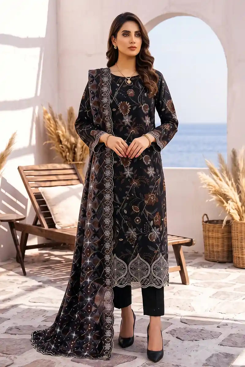 Zesh - 3PC Unstitched Embroidered Lawn Suit (Midnight Black)