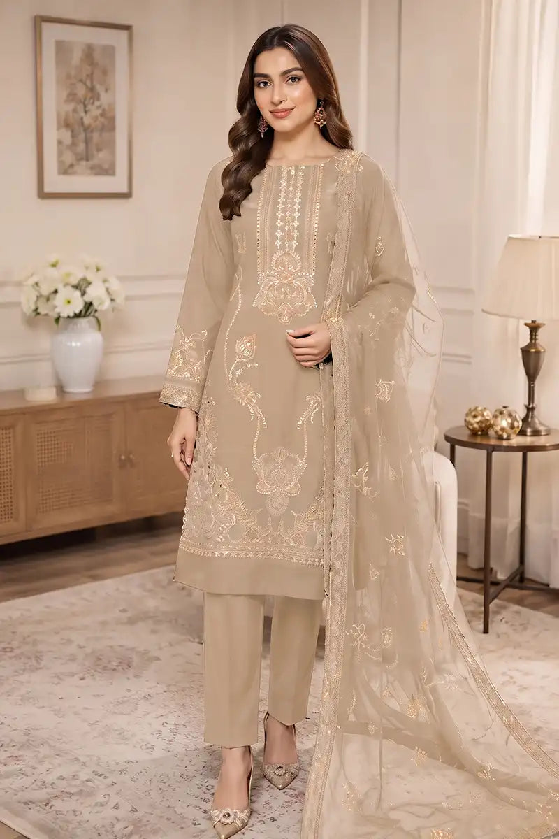 Sawan by Breeza Fashion - 3PC Unstitched Embroidered Lawn Suit (Light Mocha)