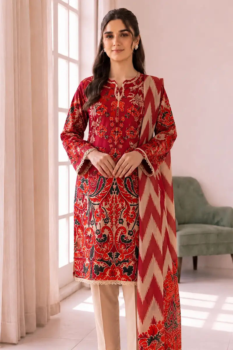 Roshaan by KBC Fashion Stitched 3-Piece Lawn Suit (Rich Ruby Red)