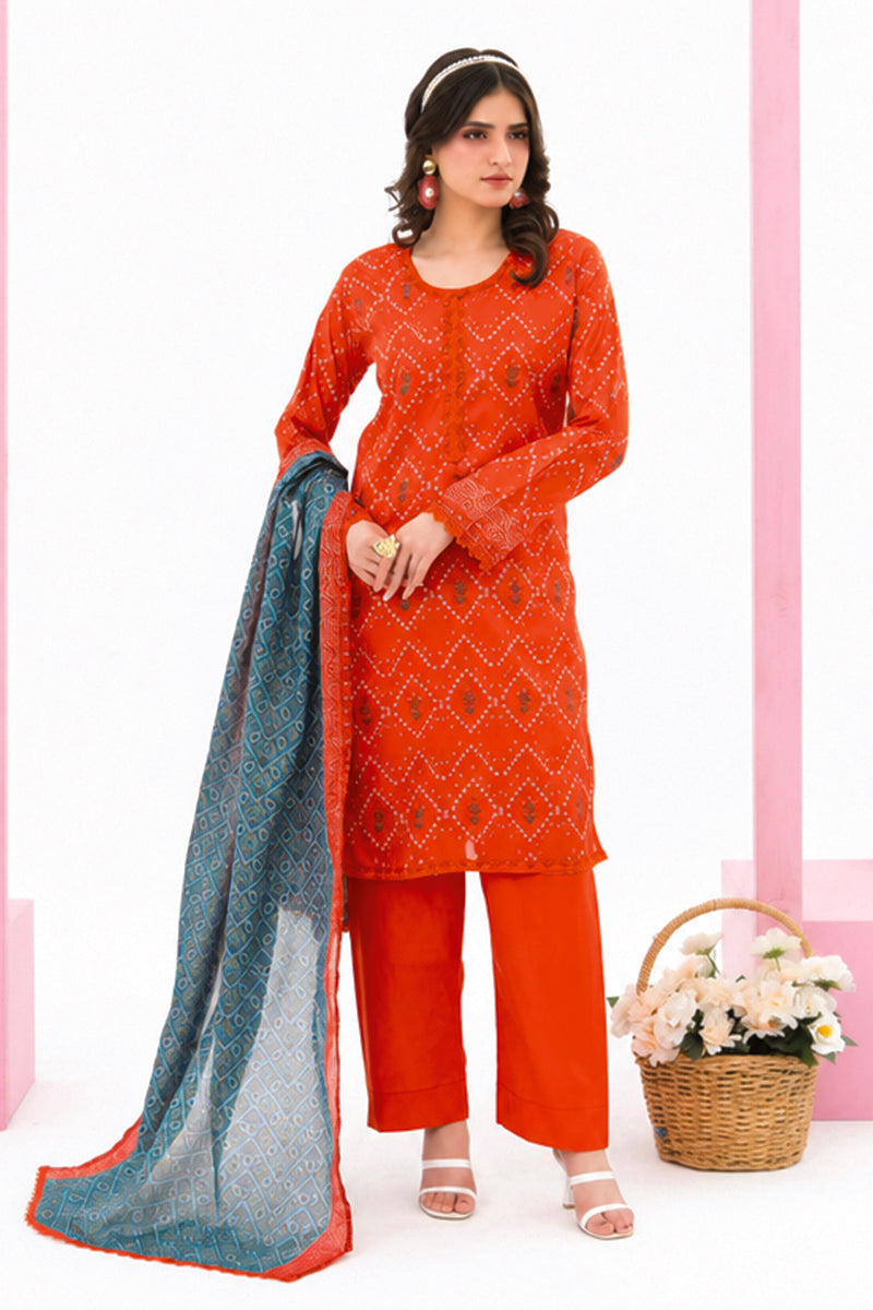 Zesh - Drop Fourteen Printed Series 3PC Unstitched Lawn Suit (Orange Flame)